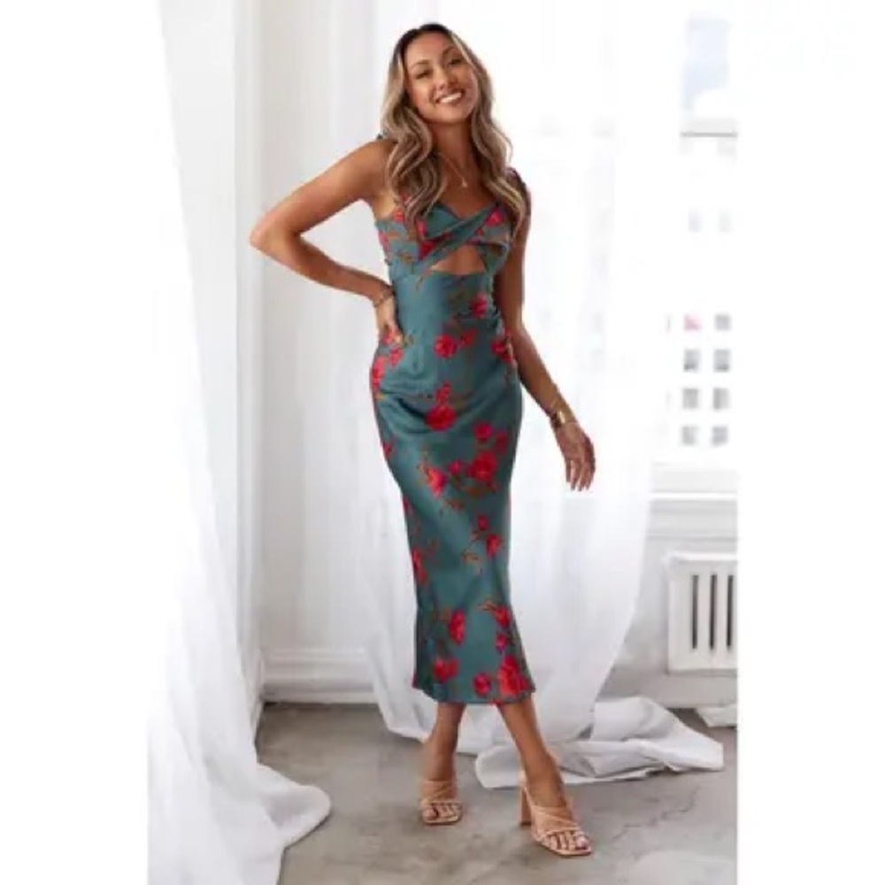 Hello Molly Teal and Red Floral Midi Dress